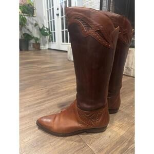 Circle S Vintage Leather Studded Cowboy Ambar Multi Boots Sz 7.5-8